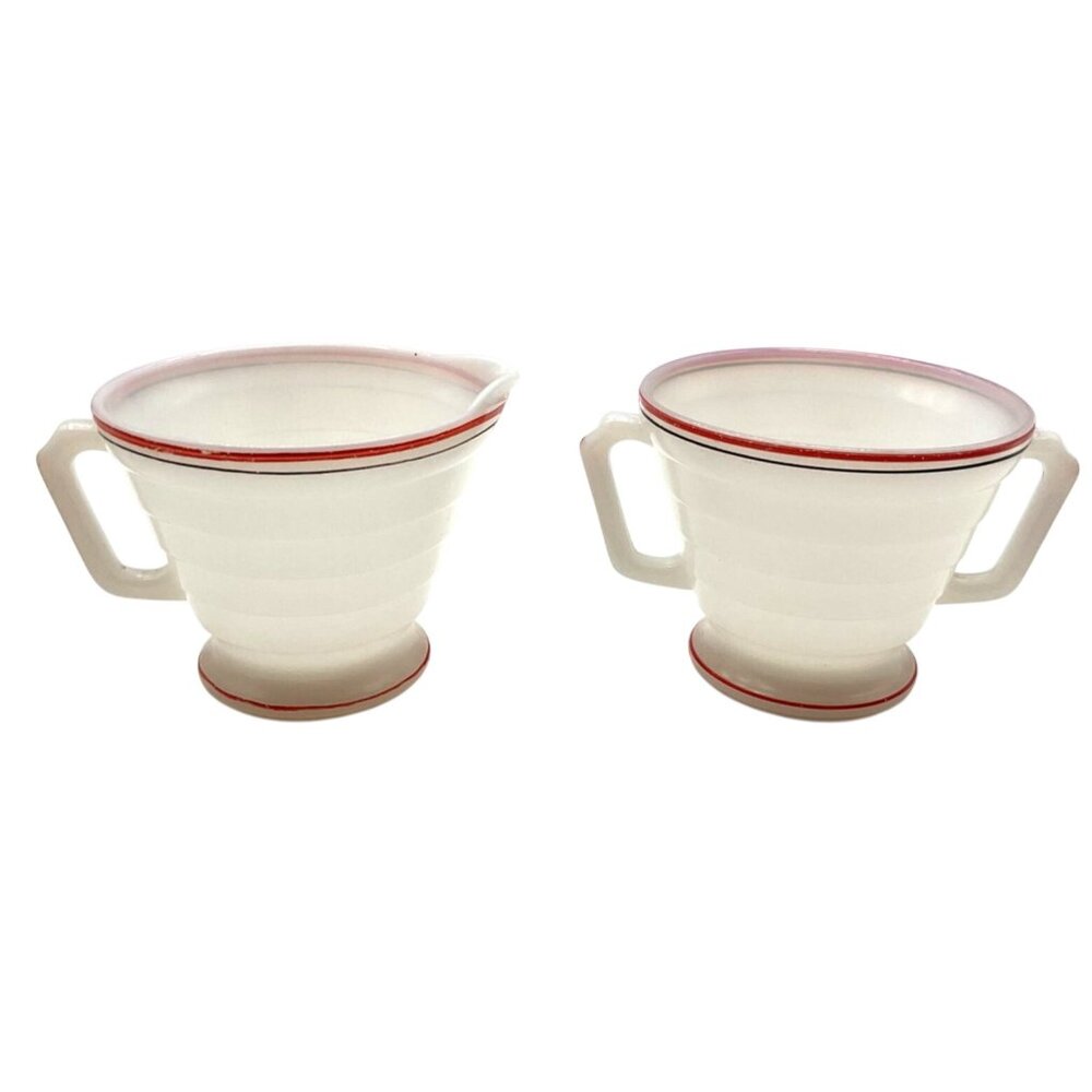 Vintage 1930s Hazel Atlas Milk Glass Creamer & Sugar Bowl With Red Black Stripes